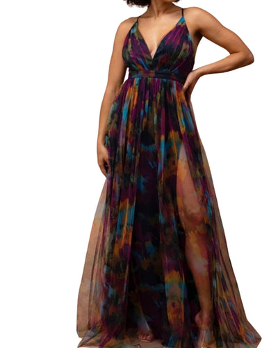 Black multi print tulle gown