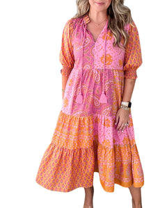 Tangerine & Pink Print Curvy Dress