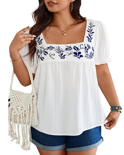 White & Blue Curvy Top